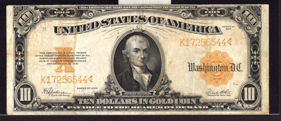 Fr.1173, 1922 $10 Gold Certificate, K17256544, VF [30]